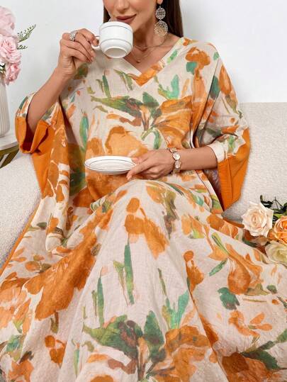 Al Najma Contrast Floral Print Batwing Sleeve Maxi Modest Dress For Summer