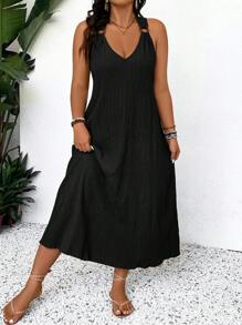 SHEIN Frenchy Plus Solid Ring Linked Tank Dress For Summer Vacation - Black - View 1