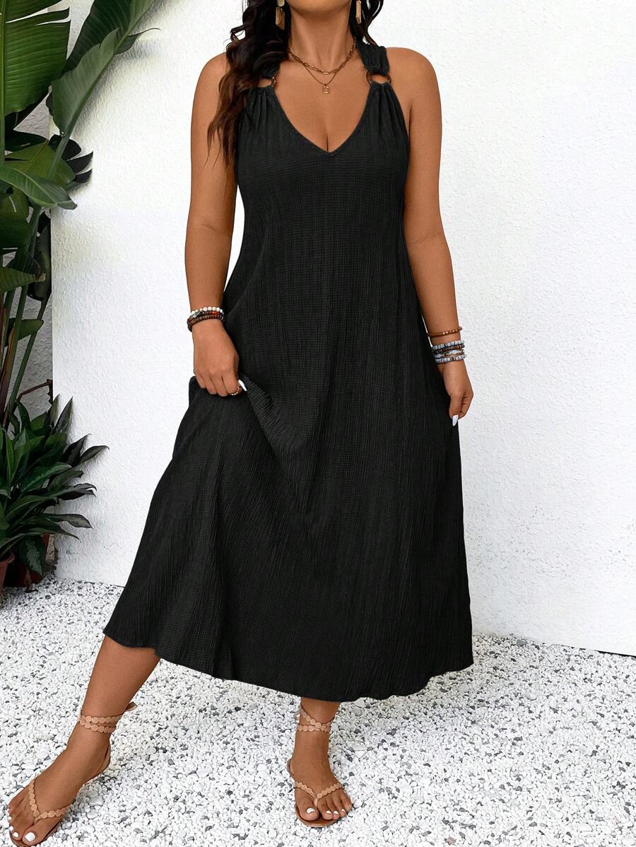 SHEIN Frenchy Plus Solid Ring Linked Tank Dress For Summer Vacation - Black - View 1