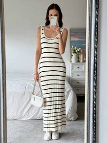 SHEIN LUNE 夏季條紋圖案毛衣連衣裙 - 黑與白 - 查看 5