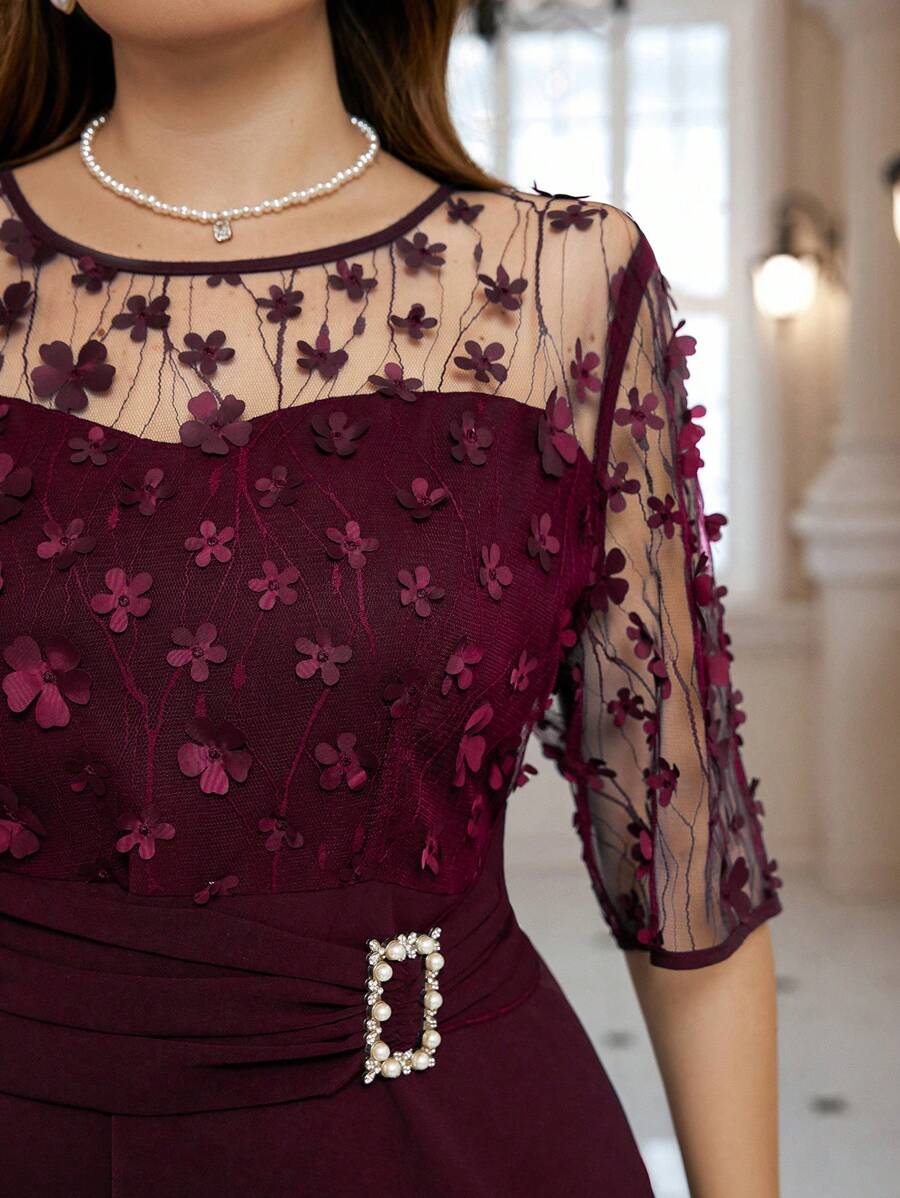 SHEIN Clasi Đầm dự tiệc thời trang lưới ghép cỡ lớn - Màu Đỏ Sâu - Xem 1