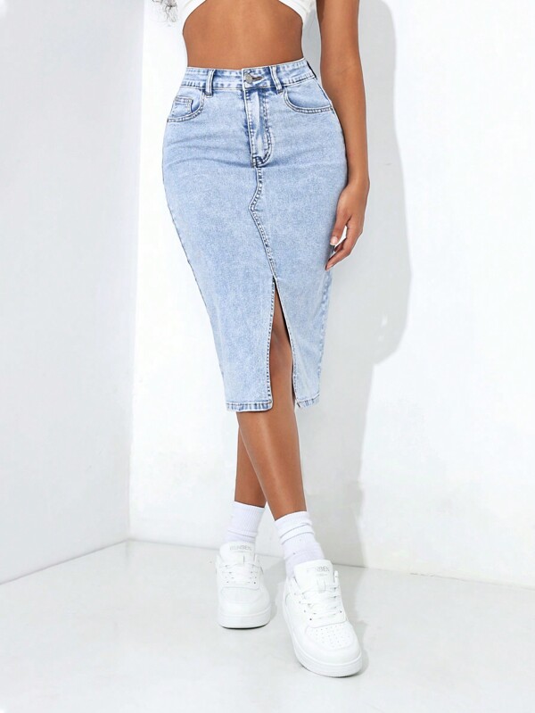 SHEIN PETITE Jupe en jean fendue pour l'été