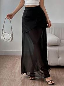 SHEIN Unity Einfarbiger farbiger Damen Rock mit lässigen Mesh-Einsätzen für den täglichen Gebrauch - Schwarz - Übersicht 3