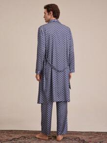 EverLounge Men's Allover Print Self-Tie Waist Long Sleeve Robe - Blue - View 2