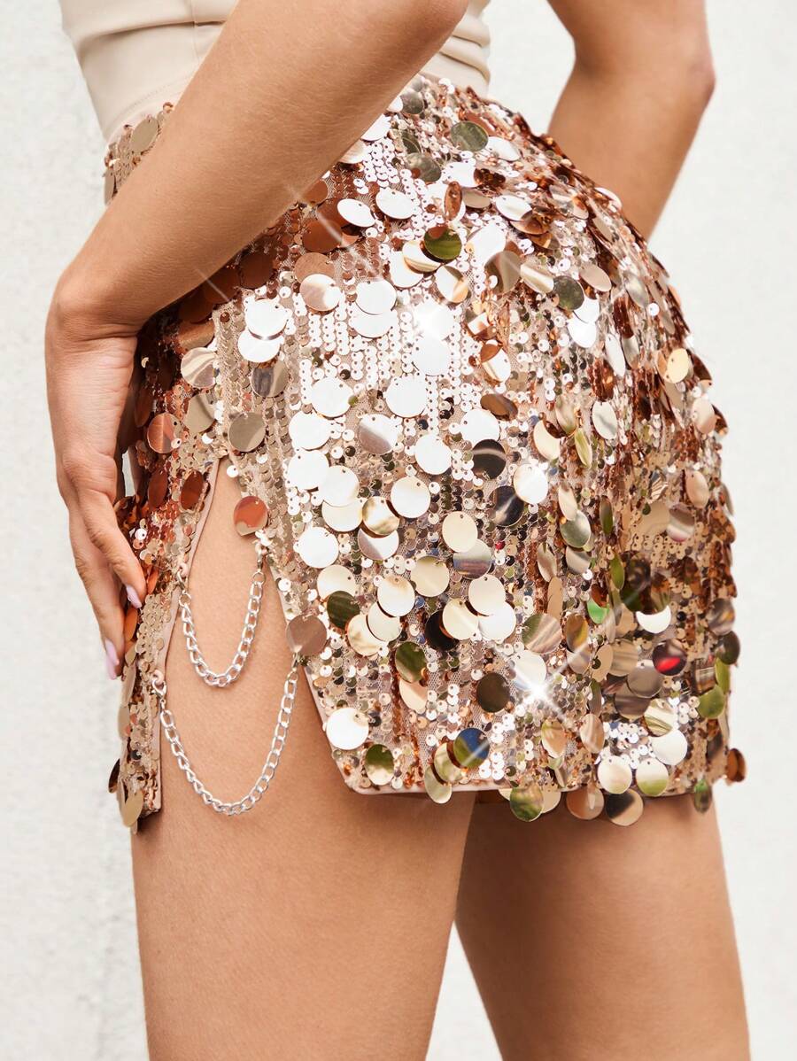 Zolique 女士實色閃光高腰分裂短褲，夏季 - 香檳色 - 查看 1