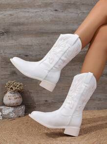 Botas vaqueras occidentales bordadas de punta cuadrada blancas de moda para mujer - Blanco - Ver 6