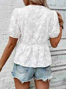 SHEIN Clasi Jacquard Tie Front Puff Sleeve Peplum Blouse Women Shirt
