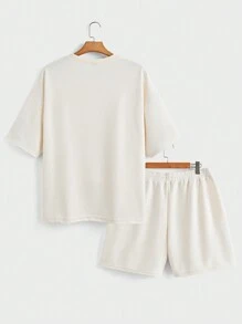 Manfinity Homme Men Plus Solid Drop Shoulder Tee & Drawstring Waist Shorts - Apricot - View 2