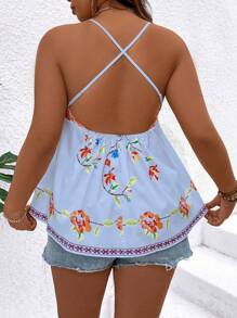 SHEIN Clasi Plus Floral Print Crisscross Backless Halter Top For Summer Vacation - Multicolor - View 2