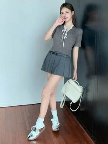 DAZY Contrast Lace Tie Front Cable Knit Top,Fall Clothes - Grey - View 5