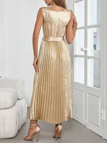 Ellevyn Đầm không tay cổ tròn thắt lưng vàng thanh lịch cho nữ - Vàng - Xem 8