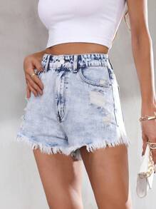 SHEIN ICON 高腰毛邊牛仔短褲 - 淺色水洗藍 - 查看 4