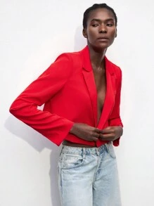 SHEIN Maija 秋红色长袖宽松翻领简约都市时尚西装外套，浪漫、时尚、百搭；适合夏季度假、舒适、波西米亚风、沙滩装 - 紅色 - 查看 4