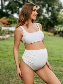SHEIN 孕妇纯色沙滩比基尼套装，夏季夏日海滩 - 白色 - 查看 4
