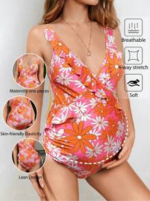 SHEIN Pregnant Women's Colorful Flower Printed One-Piece , Simple Style For Daily Wear, Maternity Bathing Suit Summer - Multicolor - View 4