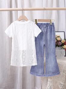 Tricou solid pentru fete tinere și tricou cu panou din dantelă și pantaloni evazați