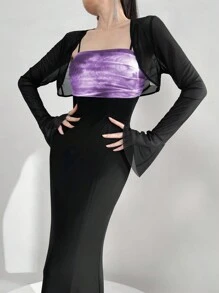 Modelyn 对比色扎染美人鱼下摆吊带裙和喇叭袖前开襟上衣夏季两件套