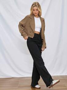 SHEIN Essnce Women's Spring/Summer Or Fall Clothes  Khaki Cropped Trench Coat In Olive Long Sleeve  Raglan Sleeve Double Button Crop Trench Coat For Spring & Autumn  Back To School Clothes  Teacher Clothes