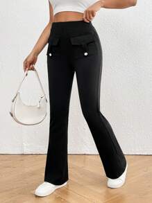 SHEIN Essnce Leggings para mujer con piernas acampanadas con bolsillos y espalda en forma de V, que absorben la humedad y se secan rápidamente