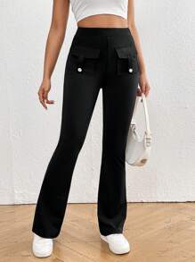 SHEIN Essnce Leggings para mujer con piernas acampanadas con bolsillos y espalda en forma de V, que absorben la humedad y se secan rápidamente
