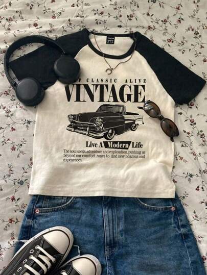 Attitoon Vintage Racing Pattern Casual Simple Round Neck Short Sleeve Crop Top Women's T-Shirt, Suitable For Summer HP CLASSIC ALIVE VINTAGE Live A Modern Life The Soul Seeks Adventure And Exploration, Pushing Us Beyond Our Comfort Zones To Find New Honzons And Experiences Back To School