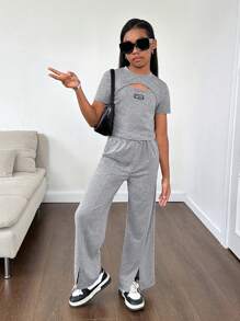 SHEIN 2pcs Spring/Summer Knitwear Set For Tween Girls, Including A Solid Round Neck Short Sleeve Top With Patches And Straight-Leg Pants