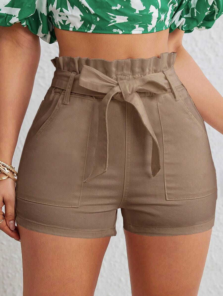 Breezaya Paperbag Waist Belted Denim Shorts - Khaki - View 1