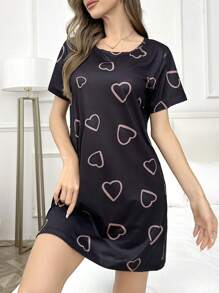 SHEIN Heart Print Round Neck Pajama Nightdress For Summer - Multicolor - View 6