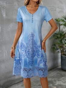 EMERY ROSE Women's Vintage Print & Contrast Lace Holiday Casual Dress Going Out Dress Blue Dress