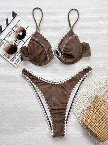 Swim Vcay Women's Summer Beach Flower Decoration Ruffle Sexy Brown Bikini Set With Separable Swimming Suit, Non-Push Up And Steel Rimmed
