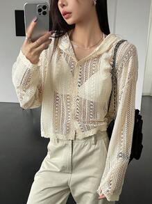 DAZY Drop Shoulder Button Front Hooded Tee Sheer Long Sleeve Women Tops Cover Ups For Swimwear - White - View 12