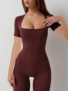 SHEIN Unity Combinaison unicolore à encolure carrée et jambe évasée pour l'été - Rouge foncé - Voir 4