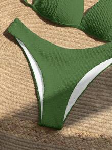 SHEIN Bộ Bikini Đi Biển Mùa Hè Màu Trơn Nữ Dây Buộc Cổ Bộ Bikini Gợi Cảm - màu xanh lá - Xem 4