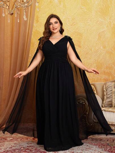 大码纯色 V 领盖袖珍珠装饰腰部收腰 A 字形连衣裙，高端时尚