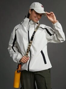 SHEIN Sports Sportowa kurtka z kapturem i zamkiem w blokach kolorów - Biały - Zobacz 1