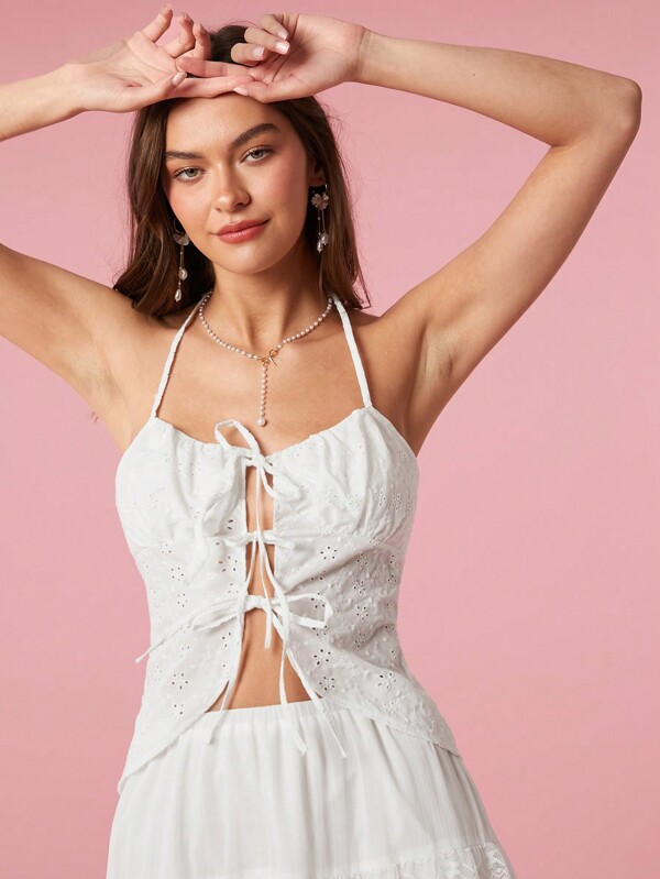Enchnt Summer Holiday  Sexy Cute White Women Embroidery Tie Front Bow Camisole Tops & Camis