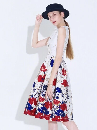 Floral Jacquard Sleeveless Luxury Cocktail Party Dress