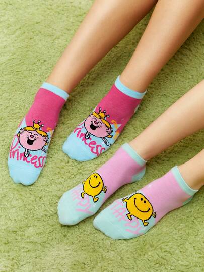 Mr Men Little Miss X SHEIN 女士2雙卡通和字母圖案彩色短襪