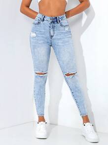SHEIN PETITE Casual Ripped Raw Trim Skinny Jeans Y2k - Light Wash - View 5