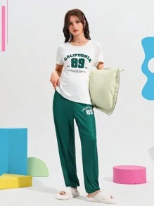 Word Pattern Women Crew Neck Short Sleeve Top And Pants Summer Pajama Set Holiday Season - Dark Green - View 6