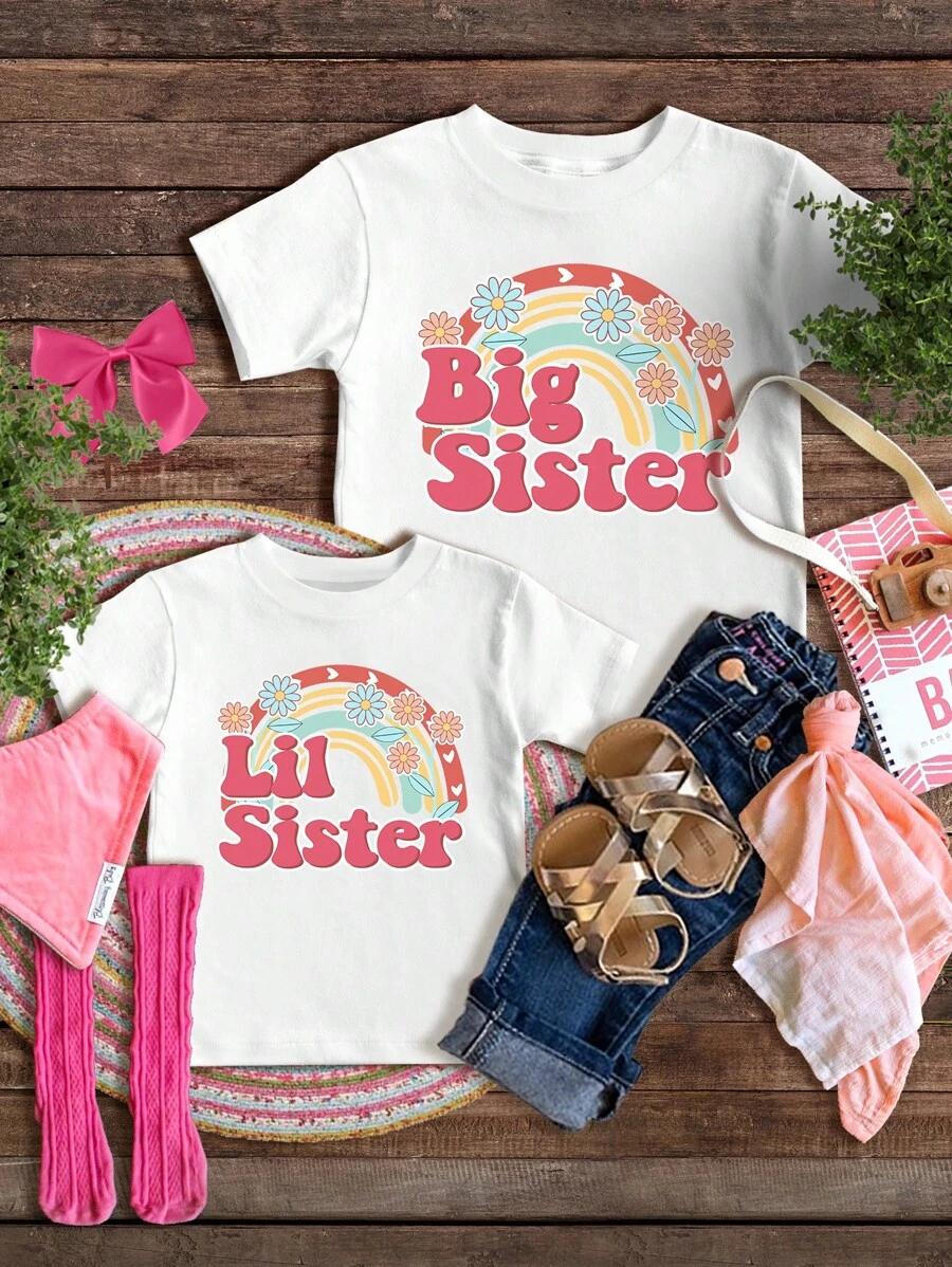 Young Girl Big Sister Little Sister, Big Sister Little Sister Gift, Big Sister Shirt, Sibling Matching, Rainbow Printed Best Friends Short Sleeve T-Shirt For Summer, (2 Pieces Sold Separately) - White - View 1