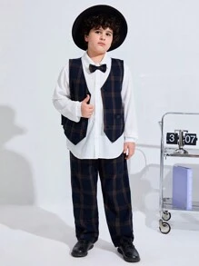 SHEIN 3pcs Kids Tween Boys Extended Size Casual Turn-Down Collar Long Sleeve Solid Color Shirt With Tie, Plaid Vest And Woven Pants Set - Multicolor - View 5