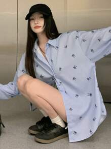 DAZY 女士长袖蝴蝶印花衬衫，配领结，秋季服装图案T恤 - 藍色 - 查看 6