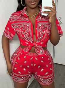 Slaydiva Casual Street  Loose Short Sleeve Shirt And Shorts, Red  Print Loose Shirt Set, Women's 2pcs Set-C
