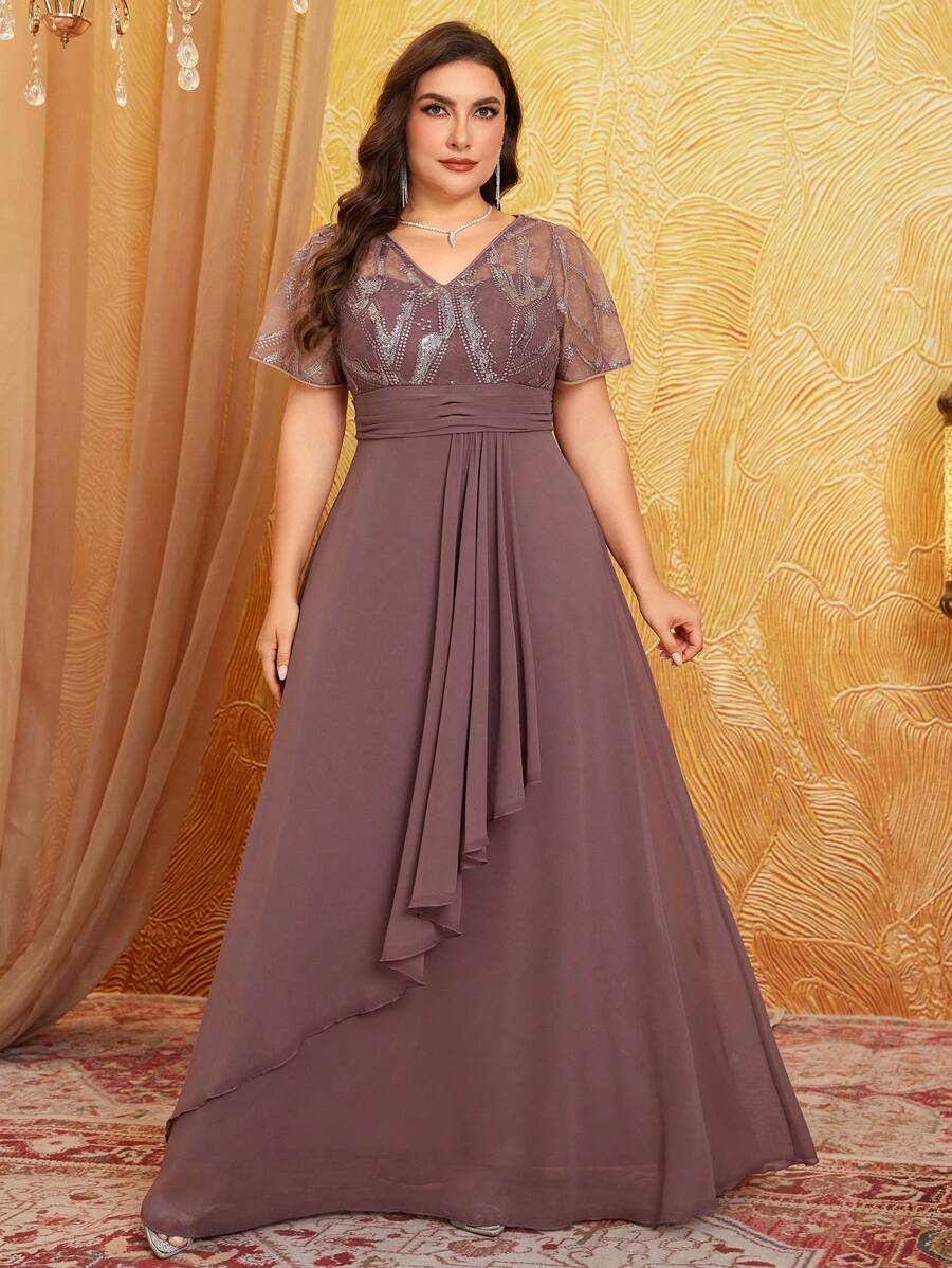 Abendkleid mit Pailletenstickerei, Chiffon-Patchwork, hochwertige formelle Kleidung für Partys, Hochzeitsgäste, Abendveranstaltungen, Brautkleider, Geburtstags- und Abiballkleider, Große Größen