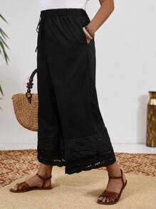 EMERY ROSE Plus Contrast Guipure Lace Tie Front Wide Leg Pants - Black - View 1