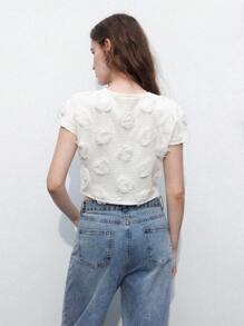 Maija Weißes, einfarbiges, lässiges T-Shirt für Damen mit 3D-Blumendekor, Sommer