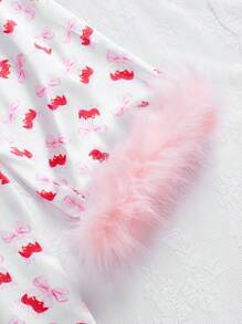 Allover Print Satin Contrast Fluffy Pajama Night Dress