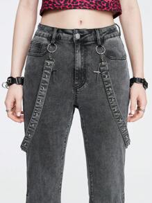 ROMWE Grunge Punk Punk Metal Rivet Jarretel Jeans Met Kruisversiering, Leuke Strik, Schedelborduurwerk En Bell-Bottom Design Voor Vrouwen, School