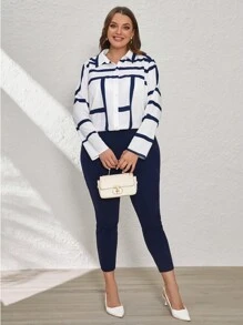 Chikora Plus Size Teacher Outfits Early Autumn Black & White Geometric Print Commuting Two-Piece Set - Blue and White - View 5